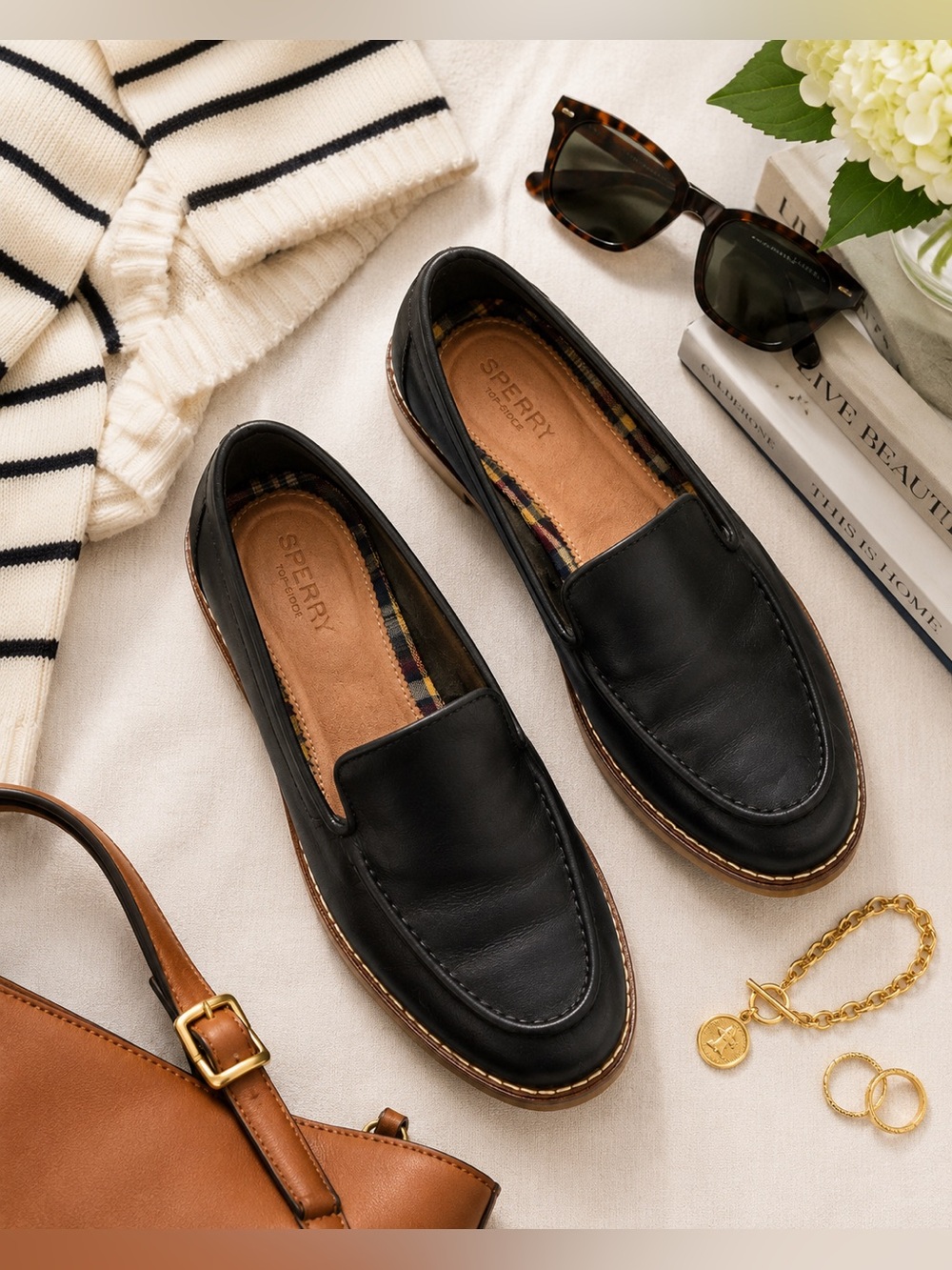 Sperry Black Leather Slip-On Loafers Plaid Lined Comfort Shoes 6.5 - Picture 2 of 11